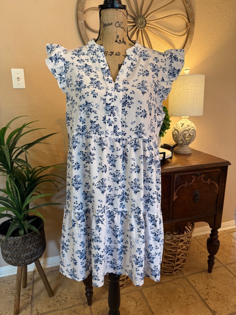 White & Navy Blue Tiered Floral Ruffle Sleeve Dress